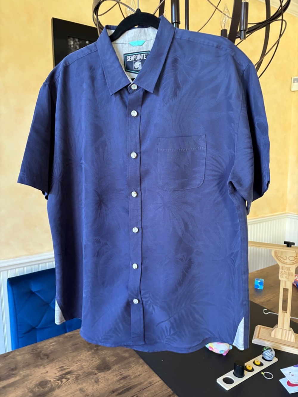 Men's Navy Short-Sleeve Palm-Print Button Down Shirt